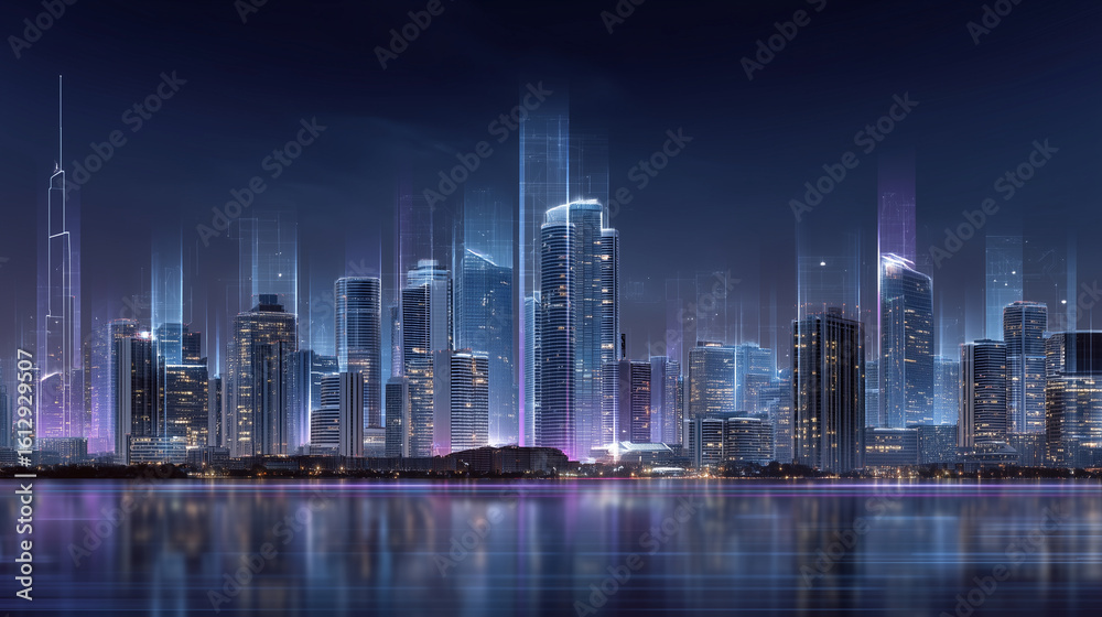 Fototapeta premium Futuristic smart city skyline at night with digital holograms and glowing skyscrapers smart city, future technology, urban lights, digital hologram, innovation