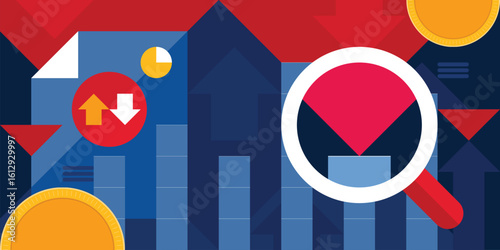 Modern Geometric Finance Background for Investment, Stock Market Analysis, and Financial Statistical Research with magnifying glass