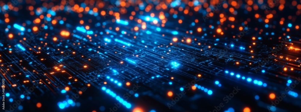 Fototapeta premium Abstract tech background with illuminated fiber optic connections, quantum computing network system electronic global intelligence