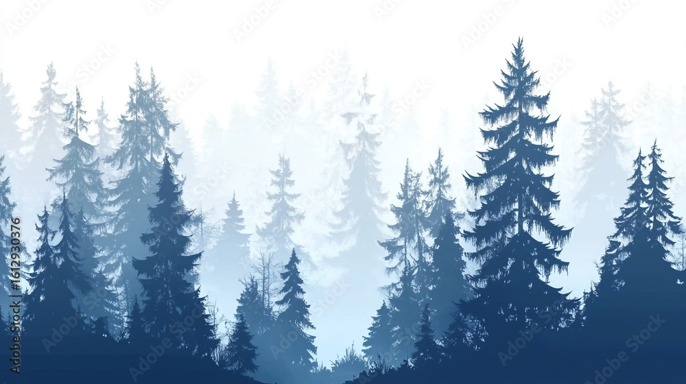 Obraz premium Misty blue forest serene winter landscape evergreen trees nature scene