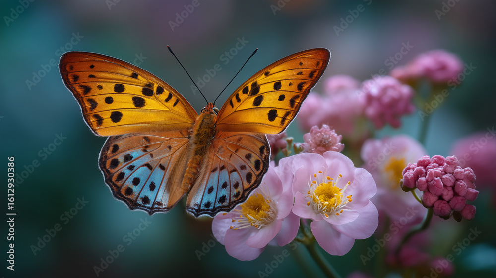 Obraz premium Macro shot of colorful butterfly on blooming flower in morning light butterfly, macro photography, flower close-up, spring, wildlife