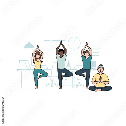 Four diverse individuals practice yoga in a modern office setting, performing tree pose and seated meditation for wellness and stress relief.