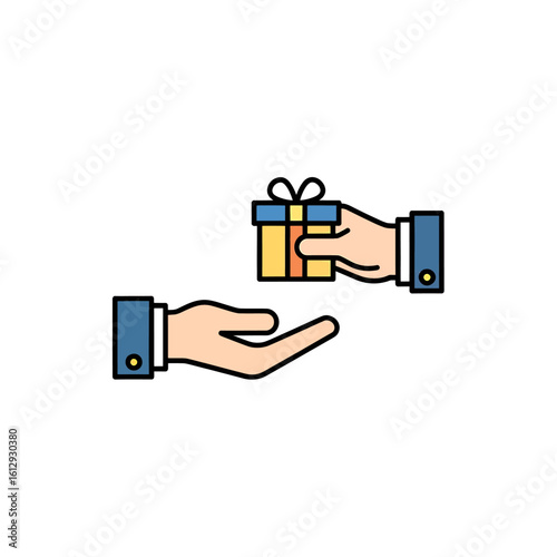 Two hands exchanging a gift box tied with a ribbon, symbolizing giving, receiving, and generosity.