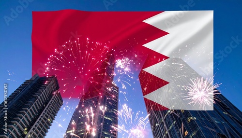 Patriotic Bahraini celebration concept with the national flag, festive fireworks, and a modern city skyline.