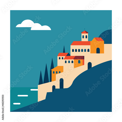 Wallpaper Mural Vintage Coastal Town on Ocean Cliff Line Art Torontodigital.ca