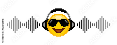 Pixel art of smiling emoji listening to music by headphone with wave sound effect.