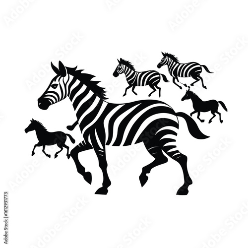 Dynamic herd of zebras galloping in silhouette against a clean white background