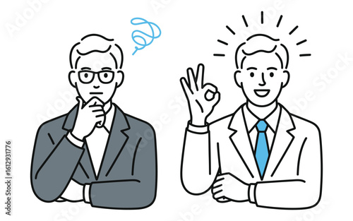 Minimal black line icon of two professionals showing thoughtful and confident gestures, symbolizing business decision-making and collaboration.