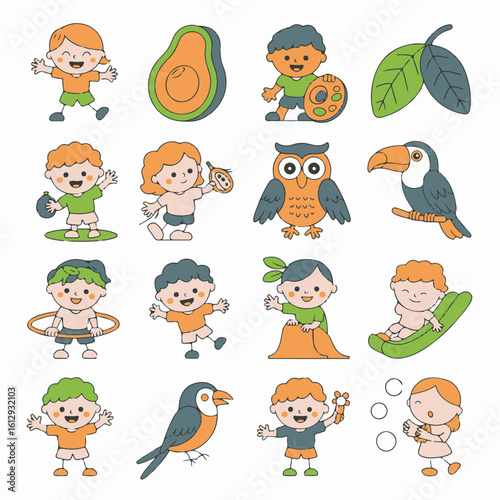 Playful cartoon children and animals vector icons bundle pack fruits set icon bundle pack