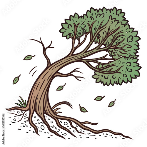 A whimsical vector icon of a tree trying to pull itself out of the ground, with its roots flailing.