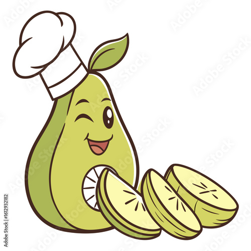 A whimsical vector icon of a pear wearing a tiny chef's hat, looking proud of a tiny, perfectly sliced piece of itself.