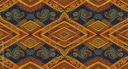 Ethnic tapestry Interwoven diamonds and scrolls in a warm textured pattern