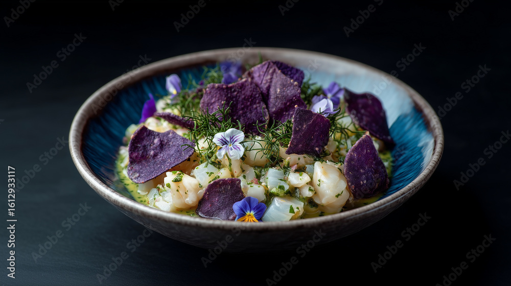 Peruvian ceviche with leche de tigre, purple sweet potato chips and edible flowers in crystal bowl Peruvian cuisine, ceviche, Michelin seafood, Latin American food, elegant plating Peruvian ceviche with leche de tigre, purple sweet potato chips and edible flowers in crystal bowl Peruvian cuisine, ceviche, Michelin seafood, Latin American food, elegant plating