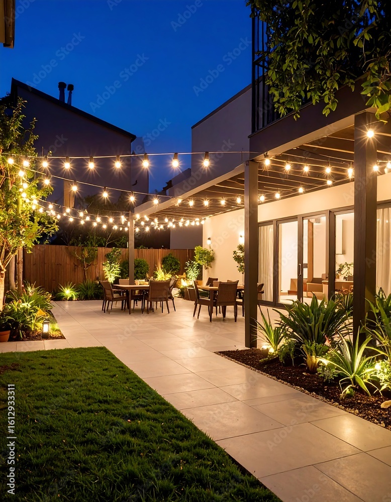 Obraz premium Backyard patio at night, modern design