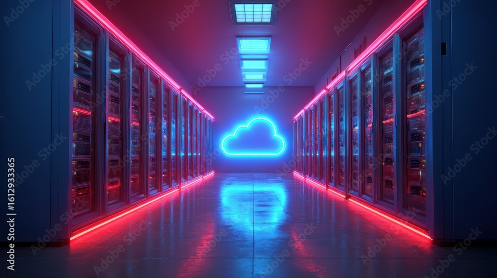 Fototapeta premium A futuristic data center hallway with neon lighting and a glowing cloud symbol, representing cloud computing and modern technology infrastructure