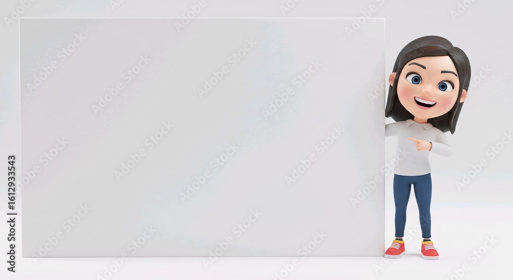 person pointing a big blank white board, cartoon 3D illustration, isolated on white background person pointing a big blank white board, cartoon 3D illustration, isolated on white background