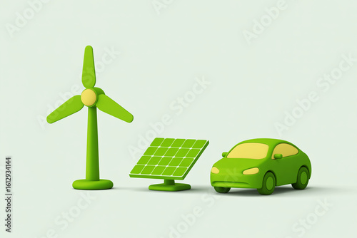 Sustainable Energy 3D Icons – Windmill, Solar Panel, and Green Car in Modern Plastic Look