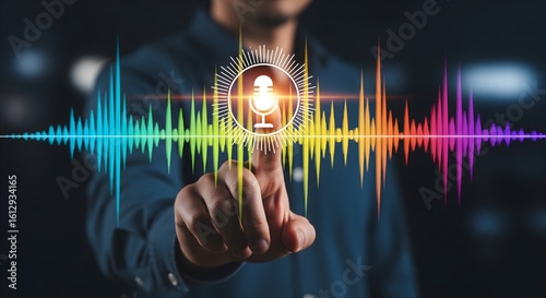 Wallpaper Mural A visual representation of speech technology, where a hand interacts with a central microphone symbol surrounded by dynamic sound waves. Torontodigital.ca