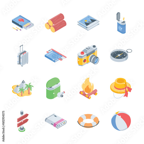 Check out this handy collection of travel and adventure isometric icons