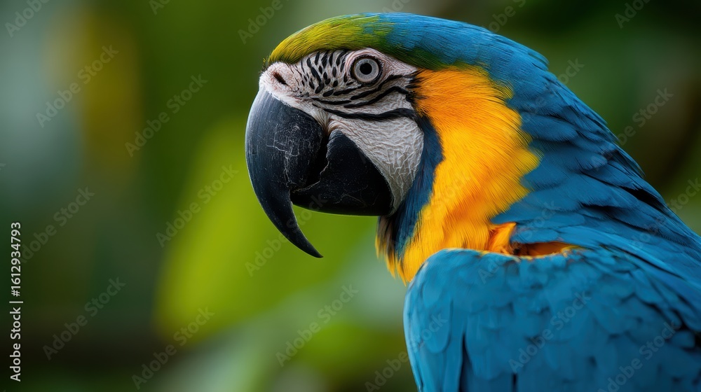 Obraz premium A vibrant blue and yellow macaw parrot perches gracefully, displaying its colorful feathers against a lush green background
