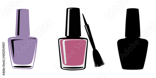 Black silhouette of a nail polish bottle on a white background, Minimalist nail polish bottle silhouette for beauty and fashion designs, Vector illustration of cosmetic products showcasing nail polish