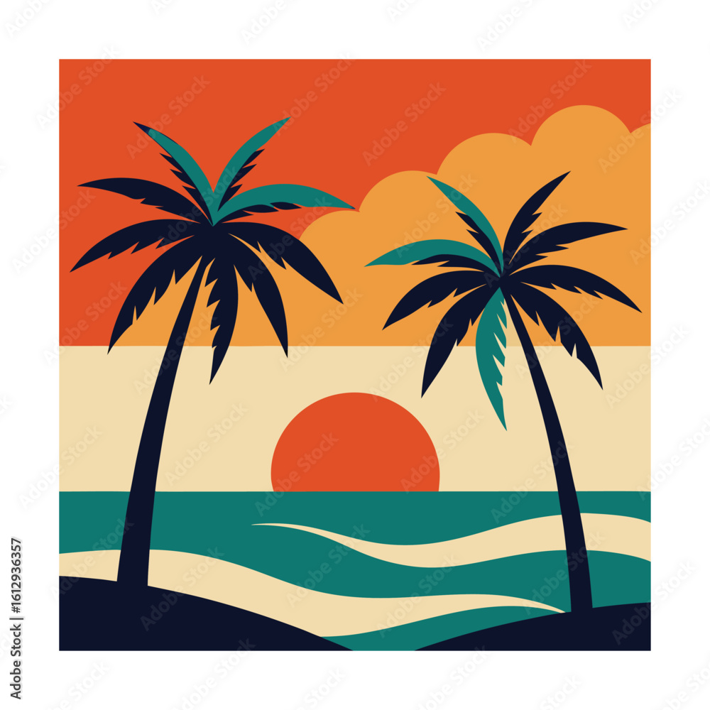 Fototapeta premium Palm Trees on Shore with Retro Sea Breeze Style