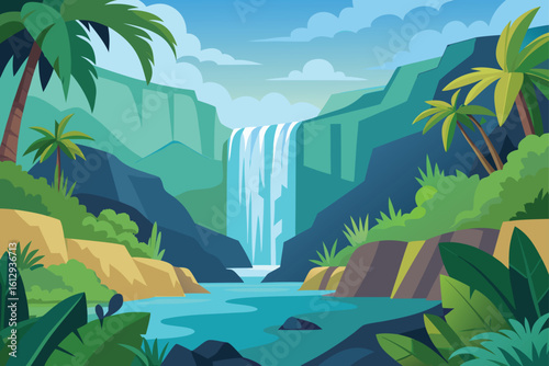 Tropical Waterfall with Lush Green Cliffs
