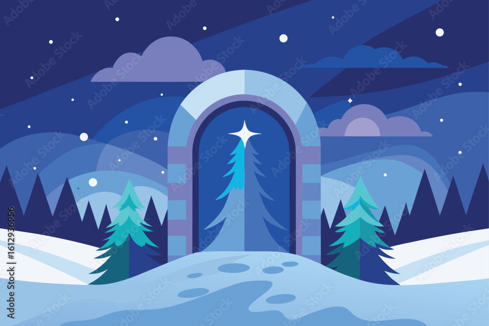 Naklejka premium Glowing Star Portal in Winter Pine Forest