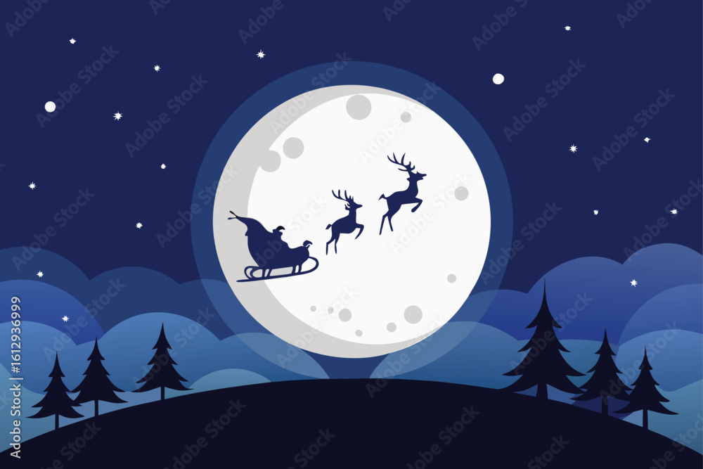 Naklejka premium Santa Claus Flying Across the Moon in Winter Forest