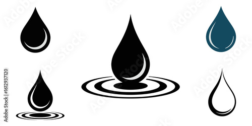 Water drop silhouette vector illustration, Black and white vector icons depicting water droplets and water splashes in a simple silhouette style, water drops silhouettes and blob, droplet Silhouette