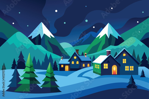 Snow Village in Mountain Valley with Pine Trees