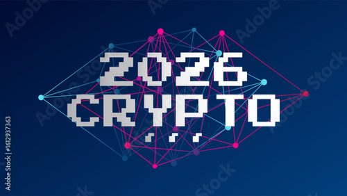 Crypto currency 2026. Blockchain technology. Virtual money for business, finance, digital global trade, payment, exchange. Vector blue pink gradient triangle pattern