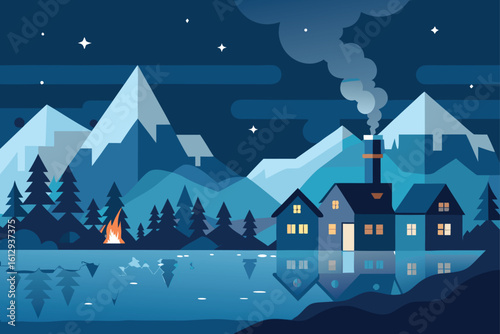 Mountain Town with Smoke Rising in Cold Blue Night