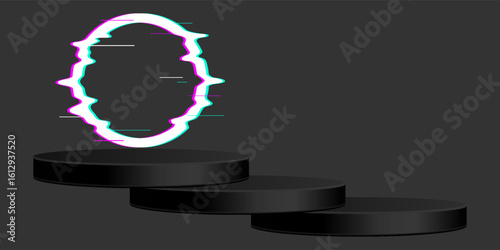 Futuristic Glowing Portal on Black Podium – Neon Glitch Sci-Fi Gateway Concept