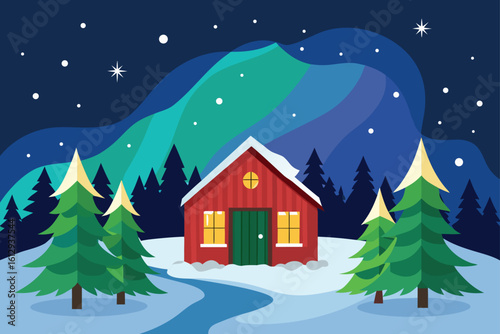 Starry Sky Over Red Holiday Cabin in Snowy Forest