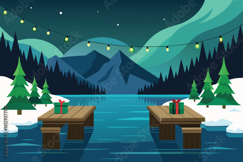 Christmas Dock with Gift Boxes and Green Trees
