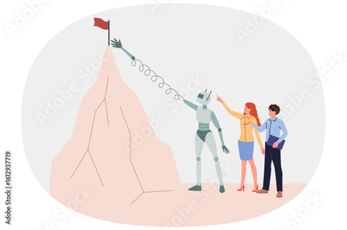 Robot helps business people achieve success and fulfill goals, pulls out flag from high mountain. Robot with ai technology works together with colleagues using innovative methods to optimize work
