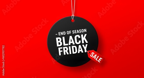 large black circular tag, hanging from white strings, vibrant red background. Black Friday sale tag circle banner and the rope hanging on red background, minimalist graphic design for Black Friday.	
