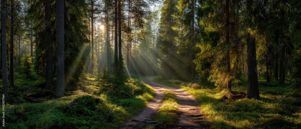 Obraz premium A sunlit forest path winds through tall trees, with rays of light streaming through the canopy, creating a peaceful and magical woodland scene
