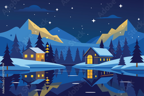 Mountain Cabins with Yellow Lights in Snowy Valley