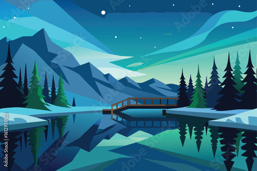 Wooden Lodge by Frozen Lake at Night