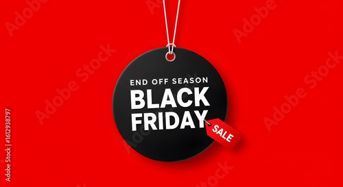 A minimalist graphic design for Black Friday, Black Friday sale tag circle banner and the rope hanging on red background, hanging from white strings, a vibrant red background.large black circular tags