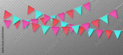 Colorful party garland - triangular bunting flags in pink, blue and red colors on rope. Festive decoration for birthday or event celebration on transparent background. Carnival pennant banner.