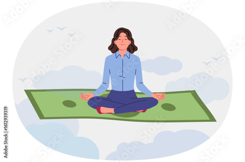 Rich woman meditates sitting on money and enjoying yoga class to increase income. Professional girl meditates in lotus position flying among clouds and clearing head to increase productivity