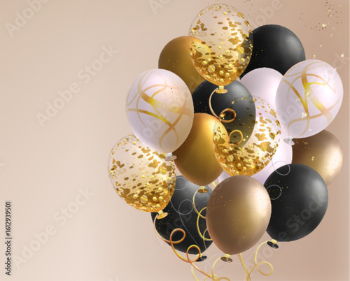 Black white balloon bunch with sparkles floating on pastel background. Realistic party decorations - glossy spheres with string, glitter golden confetti. Celebration for birthday or festive events.