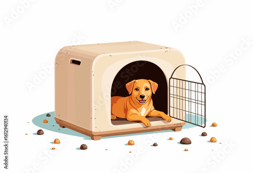 Yellow dog resting in a doghouse with an open gate and pebbles  