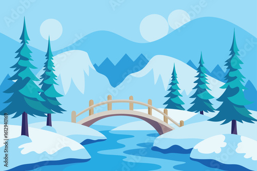 Snowy Wooden Bridge Over Stream