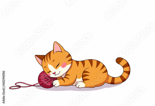 Playful orange cat sleeping with red yarn ball on white background  