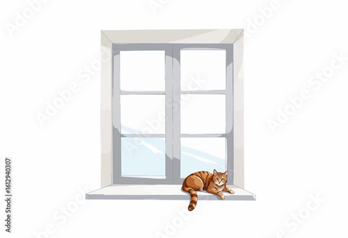 Cat resting on windowsill with open window and sunlight  