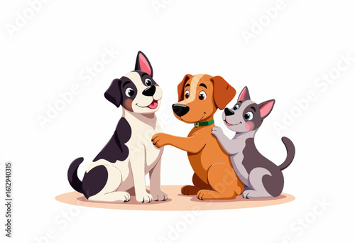 Three playful cartoon dogs interacting happily on white background  